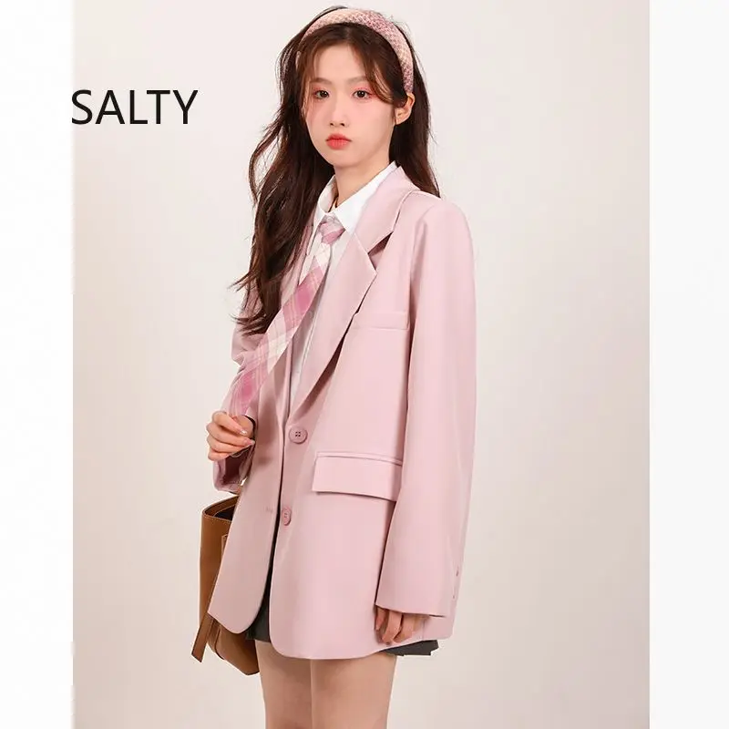 Nuevo 2025 Blazer rosa para mujer, chaqueta holgada coreana para estudiantes, Blazers elegantes lisos para oficina para mujer