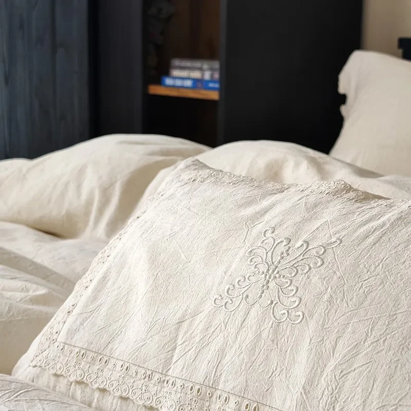 Natural fabric 50%Cotton And %50Linen Soft Bedding Set Vintage Off White Chic Shabby Lace Duvet Cover Flat Bed Sheet Pillowcase
