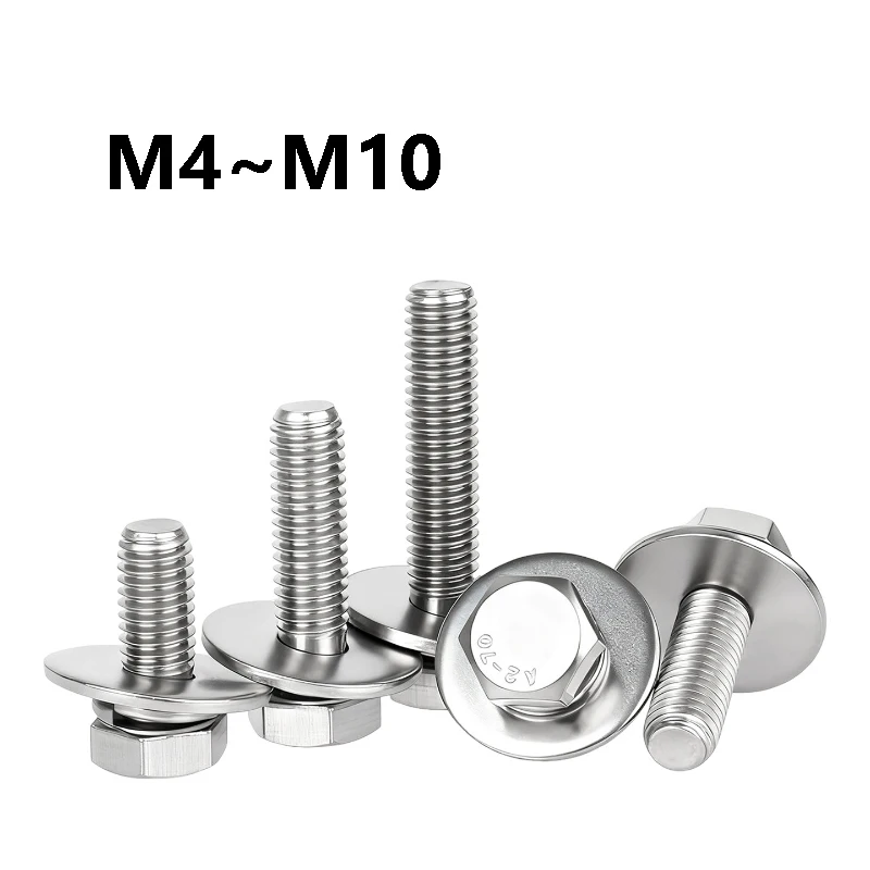 2~20Pcs 304 Stainless Steel Hex Head Bolt Washer Kit M4 M5 M6 M8 M10 Full Thread Fasteners for Machinery DIY Repair Assembly