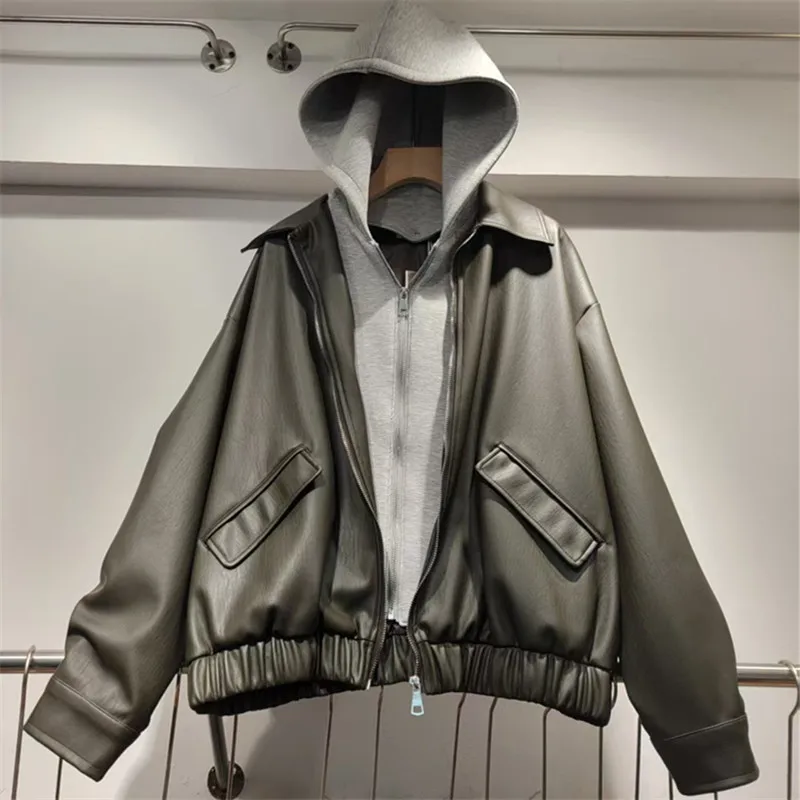HKSH Women Trendy Jacket Hooded Zipper Color Block Patchwork PU Leather Faux Two-Piece Streetwear Coat New Spring Autumn HK20131