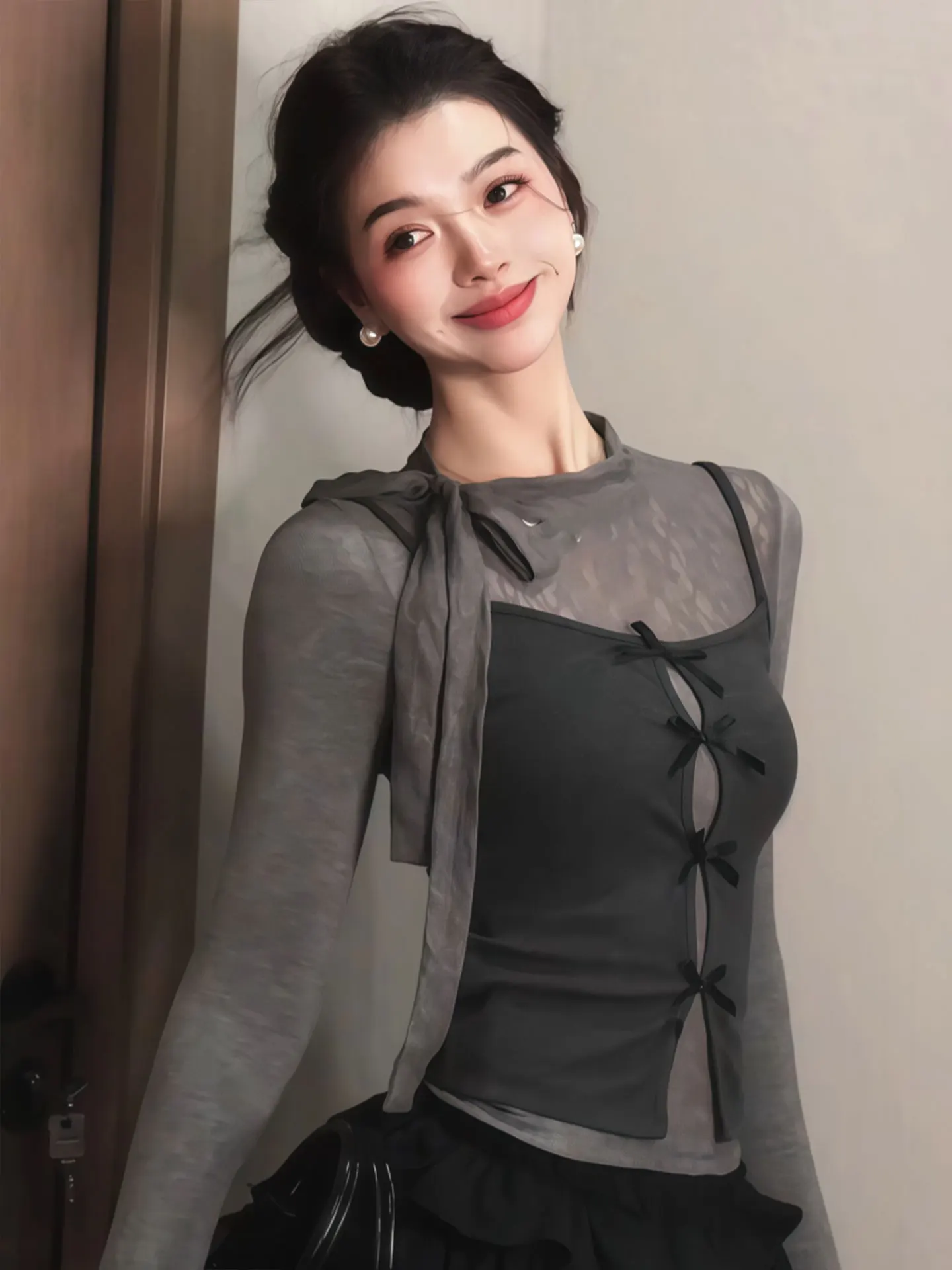 Atasan Rajut Wanita Ukuran Besar Model Amerika dengan Detail Tali di Bagian Depan, Set Dua Potong untuk Awal Musim Gugur, Model Kerut Tinggi, Bahan Rajut Bernapas dengan Lengan Panjang