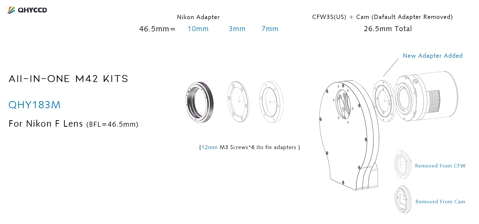 QHY adapter M42 all-in-one combination suitable for QHY183m small filter wheel QHYCCD