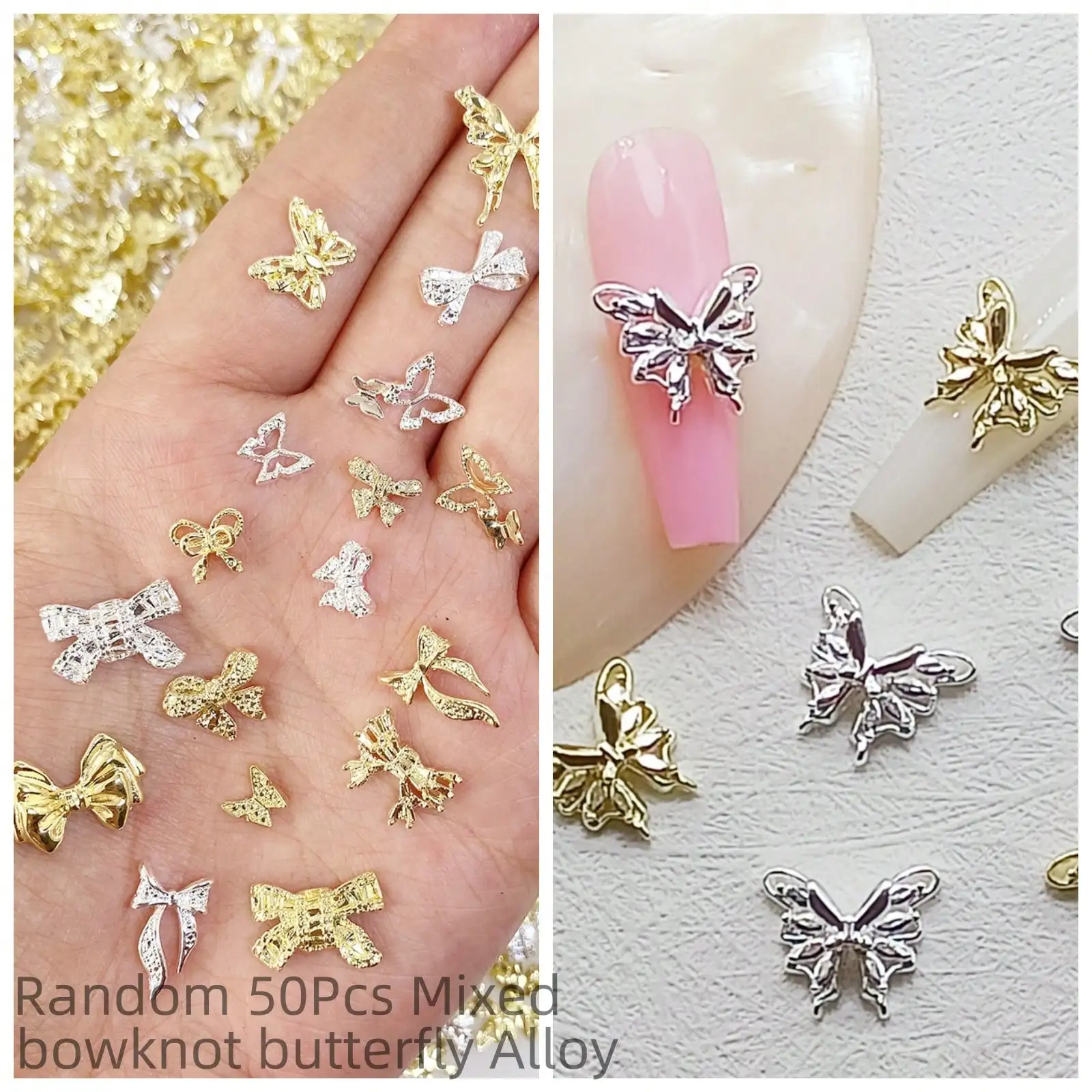 50pcs/bag Random Mixed Butterfly Bowknot  Nail Art Decorations Charm Silver Gold Alloy Jewelry Accessories Nail Supplies DIY