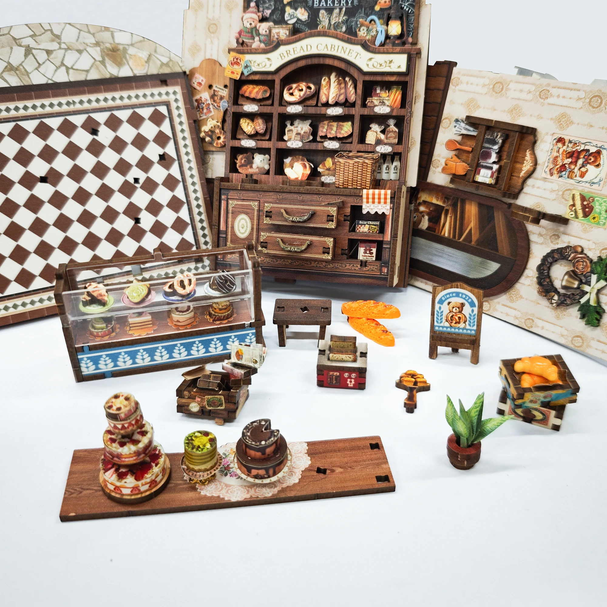 Kit de modelo en miniatura de madera DIY, casas de muñecas de panadería de oso, casa de muñecas de rompecabezas 3D con muebles ligeros para amigos, regalos de cumpleaños