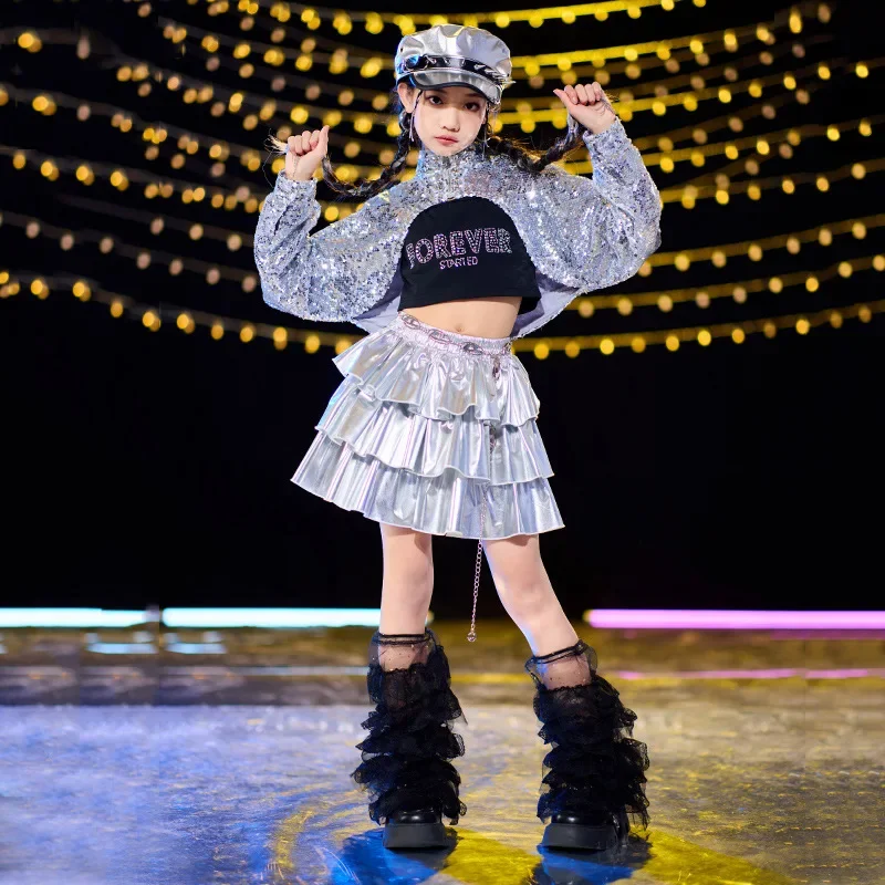 Jazz Dance Costumes Silver Sequined Tops Pleated Skirts Singers Music Festival Performances Girls Jazz Latin Dance Costumes