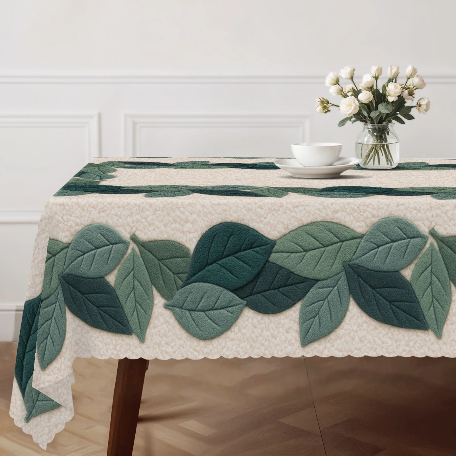 Fresh Green Leaf-Themed Tablecloth, 3D Leaf Print Pattern, Simple Style, Embossed Edges, Waterproof, Wrinkle-Resistant, Fade-Resistant, Suitable for Rectangular and Round Dining Tables, Home Kitchen Living Room Dining Table Balcony Coffee Table, Holiday Party Holiday Table Decoration, Outdoor Picnic Decoration, Coffee Table Decoration, Perfect Gift, Spring, Summer, Autumn, Winter Decoration Comes with 4 Anti-Slip Stickers. P-95