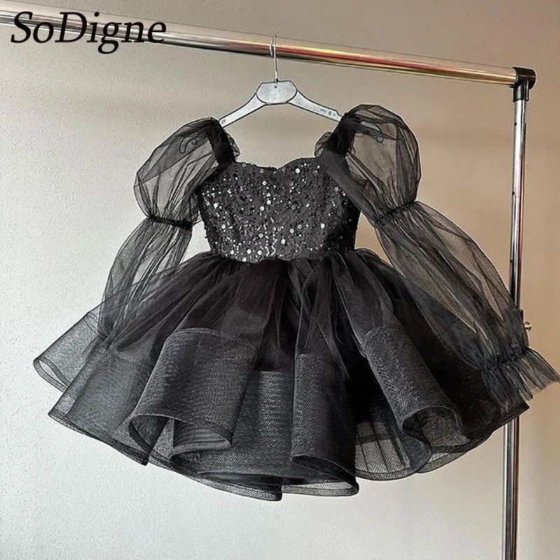 SoDigne A-line Black Flower Girl Dress Full Sleeves Sequined Tulle Skirt Girls Party Dresses 2025 Long Kid Gown Customized