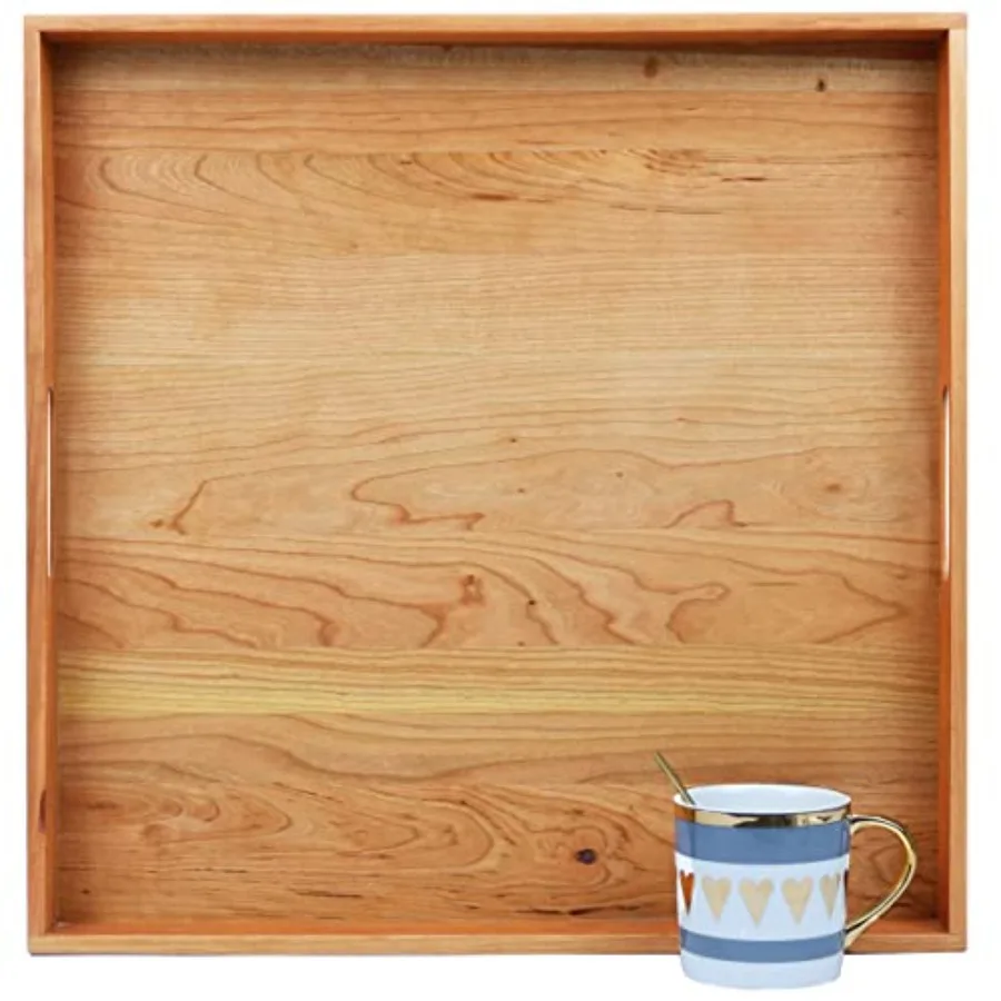 

19 x 19 Inches Large Square Cherry Wood Ottoman Tray with Handles Serve Tea Coffee Classic Wooden Decorative Serving Tray