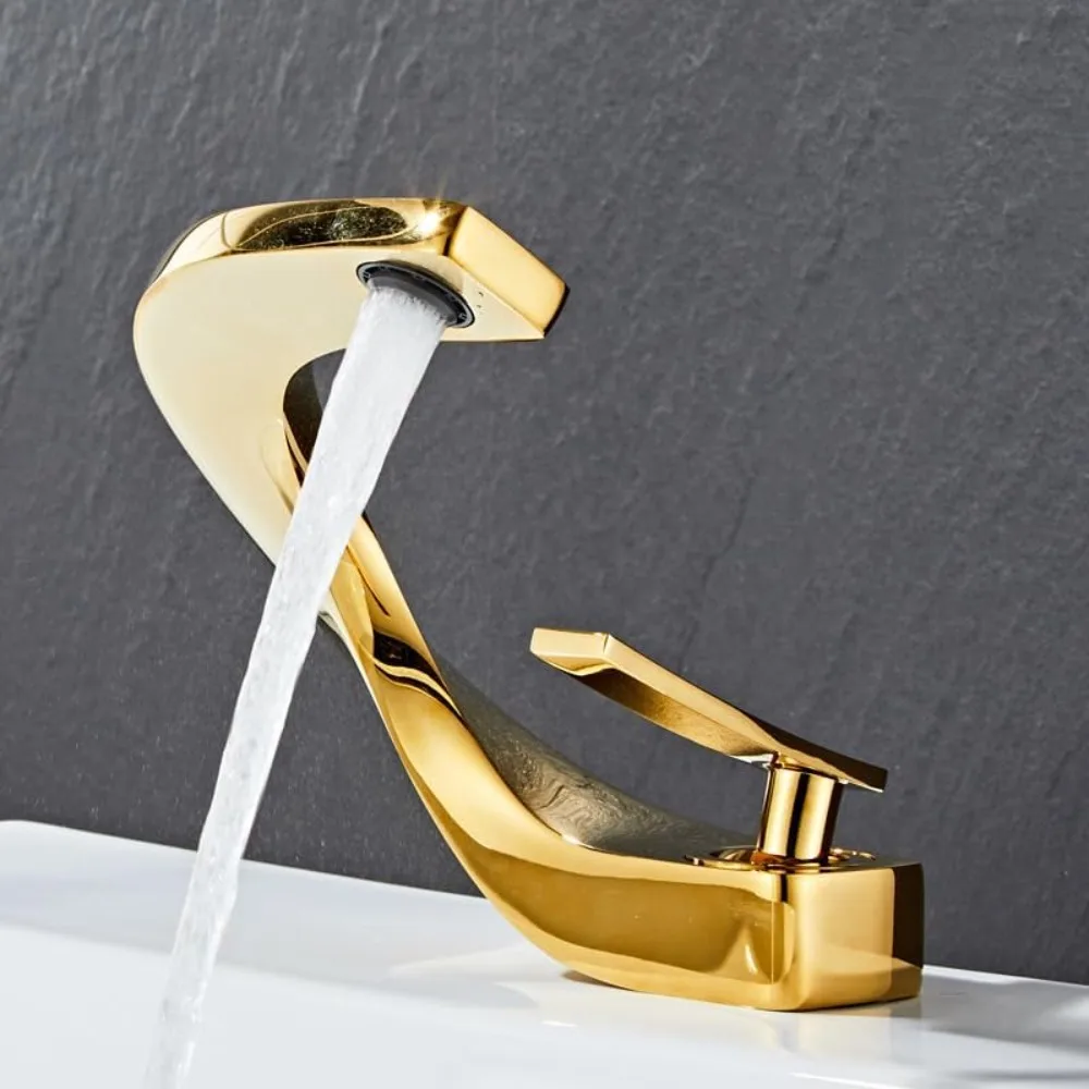 

Modern Brass 1-Hole Single Handle Bathroom Faucet, Creative Design Mixer with 2 US 3/8" Hoses (Titanium Gold)