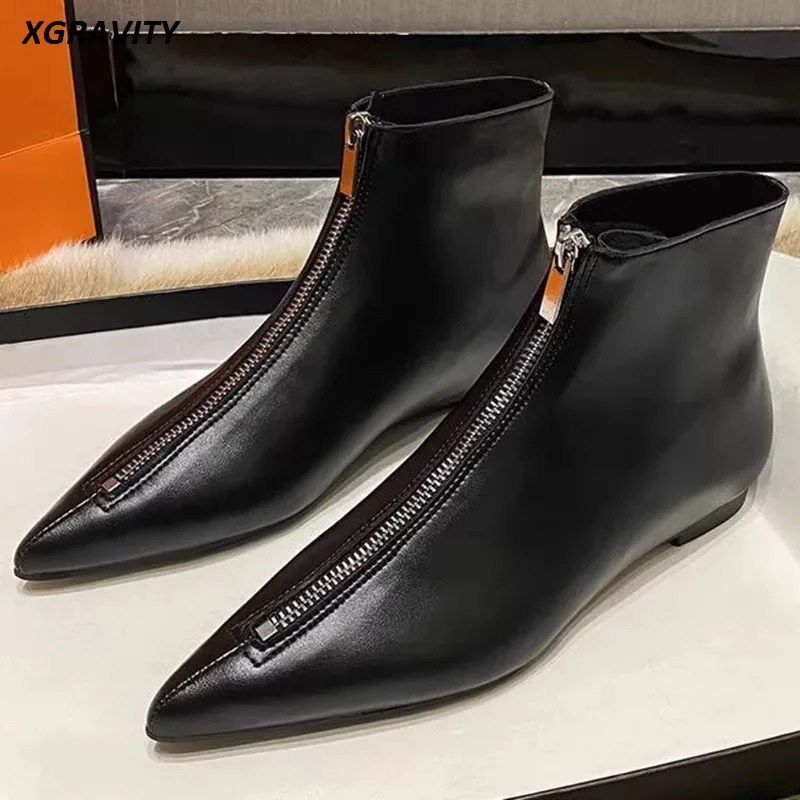C005 New European American Women Flat Shoes Pointed Toe Front Zip Designer Ankle Boots All Matched Short Heel Shoes For Lady