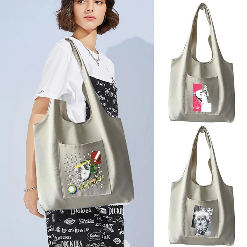 Canvas Shopping Tote Sculpture Print Vest Shape Shoulder Bag Multi-use School Storage Handbag