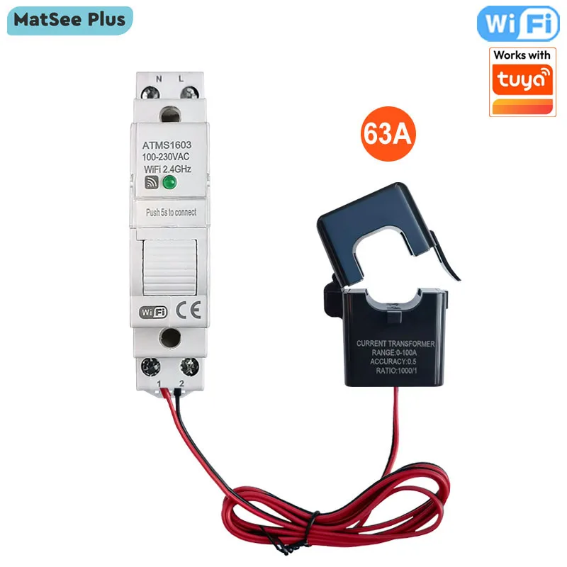 Smart WiFi Digital Energy Meter 63A Din Rail with Current Sensor App Monitor Power Consumption AC 100-230V Work with Tuya