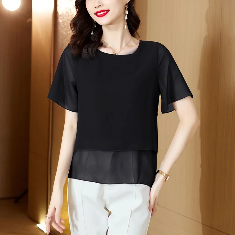 Elegant O-Neck Spliced Loose Fake Two Pieces Blouse Women\'s Clothing 2023 Summer New Casual Pullovers Office Lady Chiffon Shirt