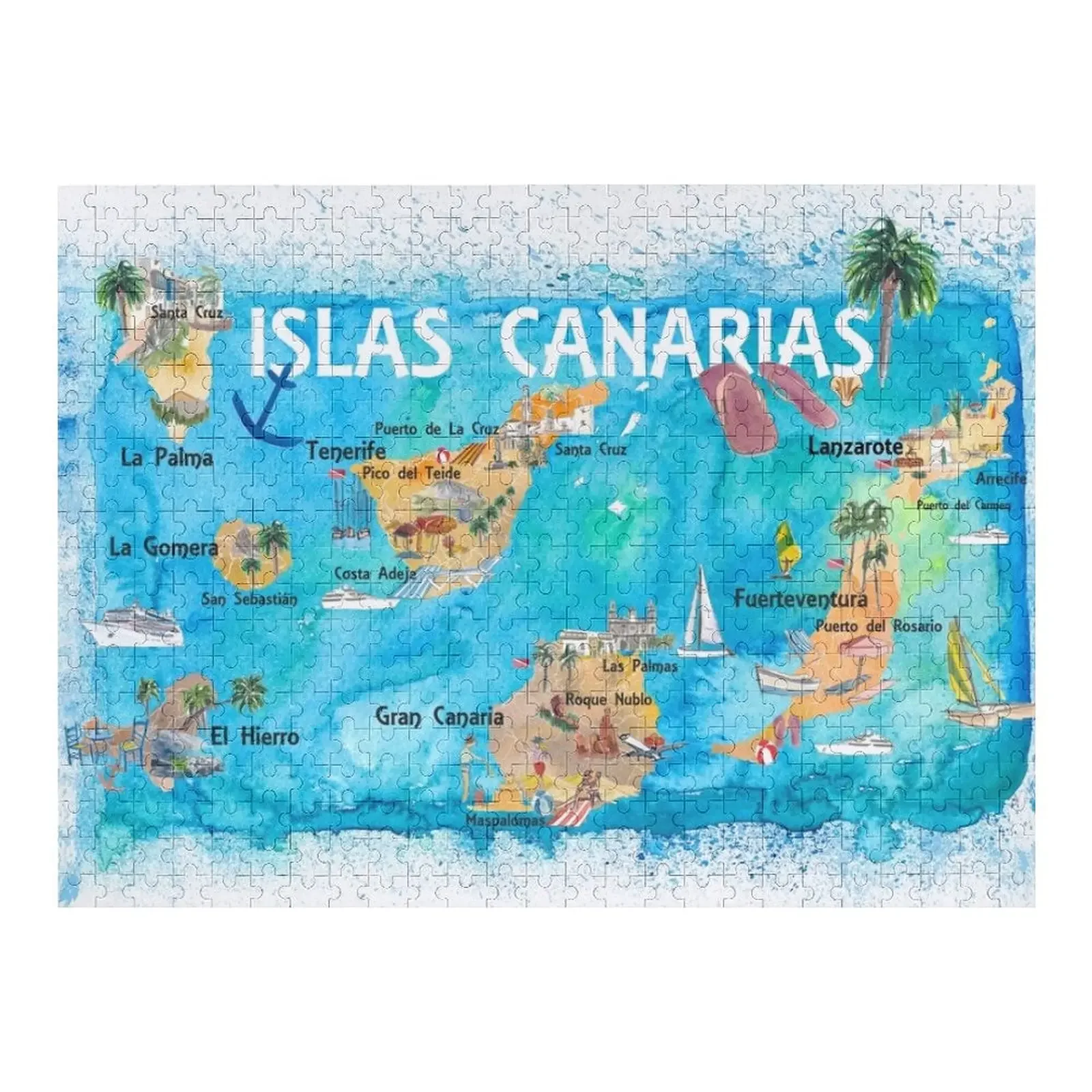 Иллюстрированная карта путешествий Канарских островов с тенэрифе, Гран Канарри, Ланзароте, Fuerteventura La Palma Gomera и профессиональная головоломка