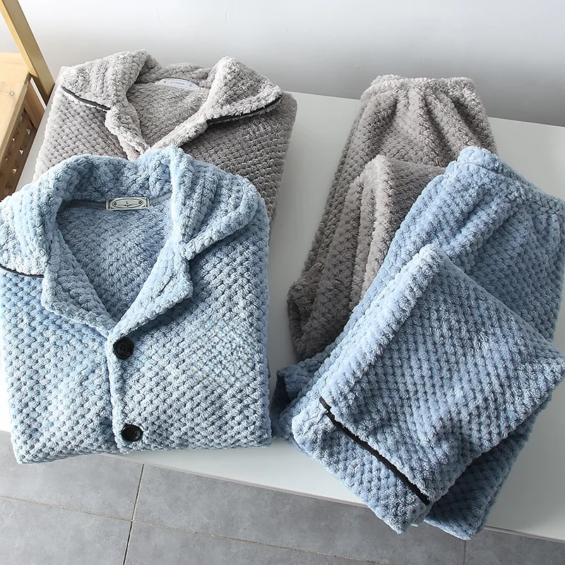 

Soft Coral Fleece Pajama Set for Men Warm Home Clothes Long Sleeve Long Pants Comfortable Leisure Style Youth Suitable