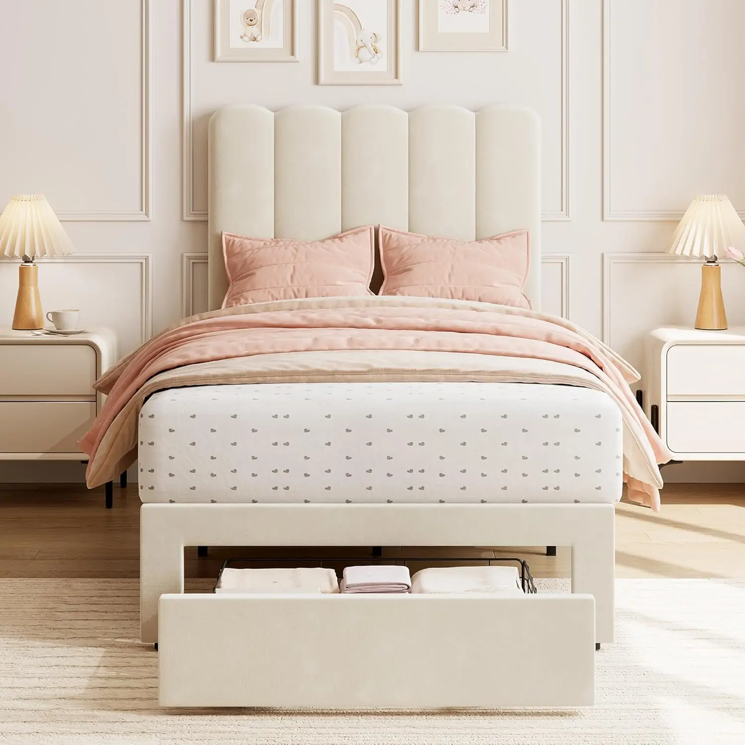 Twin Bed Frame with Under-Bed Drawer, Upholstered Platform Bed with Wave Headboard for Kids/Girls, Wooden Slats Support