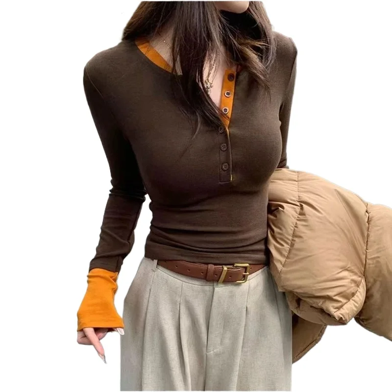

Fall Winter Contrasting Color Fake Two Unique Chic Bottoming Shirt Women's T-shirt Slim Spice Girl Top Simple Commuting OL Style
