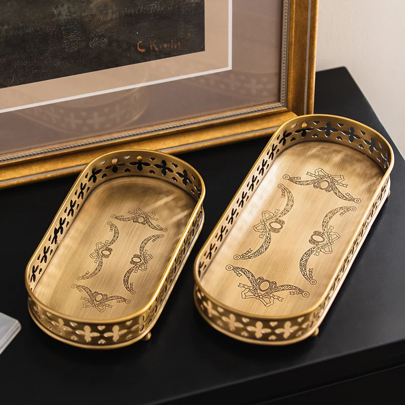 

Vintage Brass Jewelry Tray with Perfume Dish - Luxury Vanity Organizer for Earrings, Necklace & Trinkets Storage, Retro Tabletop