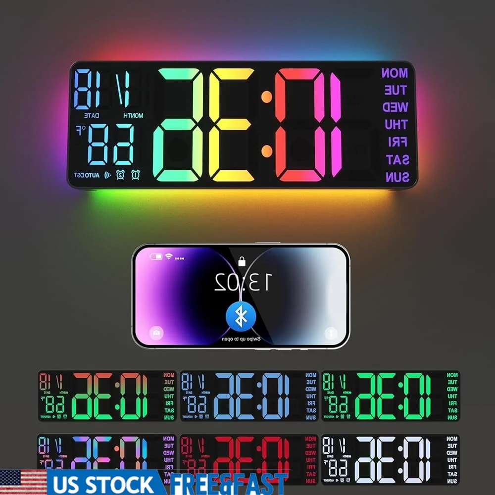 

13 Inch Digital Wall Clock RGB Colors Dual Alarm Night Light Voice Control Auto DST Bluetooth Sync Corded Modern Design