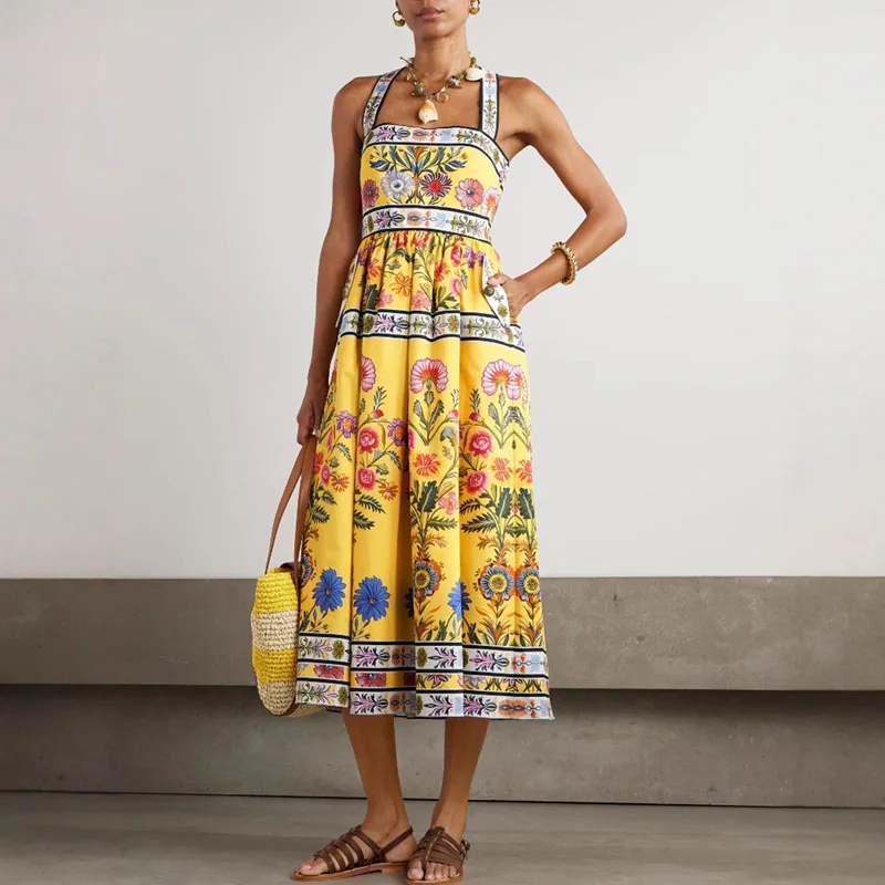 Abito lungo Boho con scollo quadrato sexy Abito lungo elegante a pieghe senza schienale A-Line Mujer Abito con stampa vintage Tasca Halter Abiti da vacanza