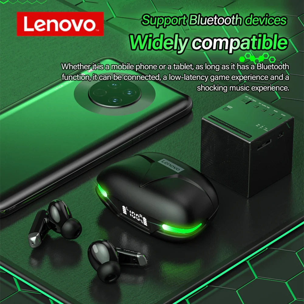 เดิม Lenovo GM3 TWS หูฟังไร้สายบลูทูธดิจิตอลจอแสดงผล Latency ต่ำหูฟังตัดเสียงรบกวน
