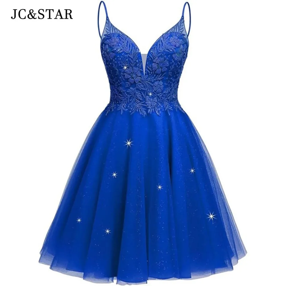 

Royal Blue Chiffon Stickers Sexy Deep V Neck Thin Shoulder Straps Cocktail Dresses Shiny Alumni Party Dress Short Prom Robes
