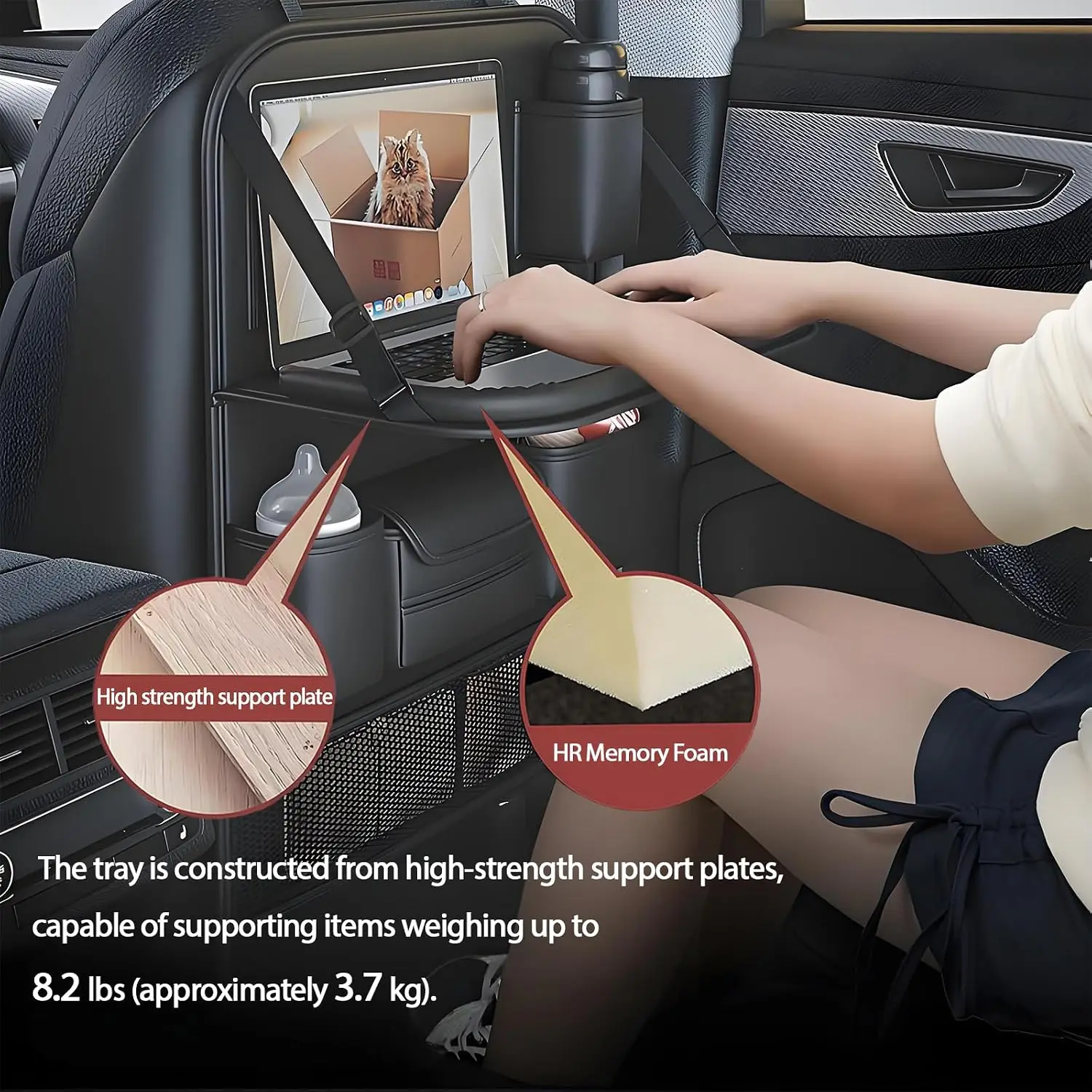 Multifunktionale Auto-Rücksitz-Hängetasche Faltbares Essens-Tablett PU-Leder Becher- Taschentuch- Telefonhalter Kinder Auto-Reise-Aufbewahrungsorganizer – Detail 7