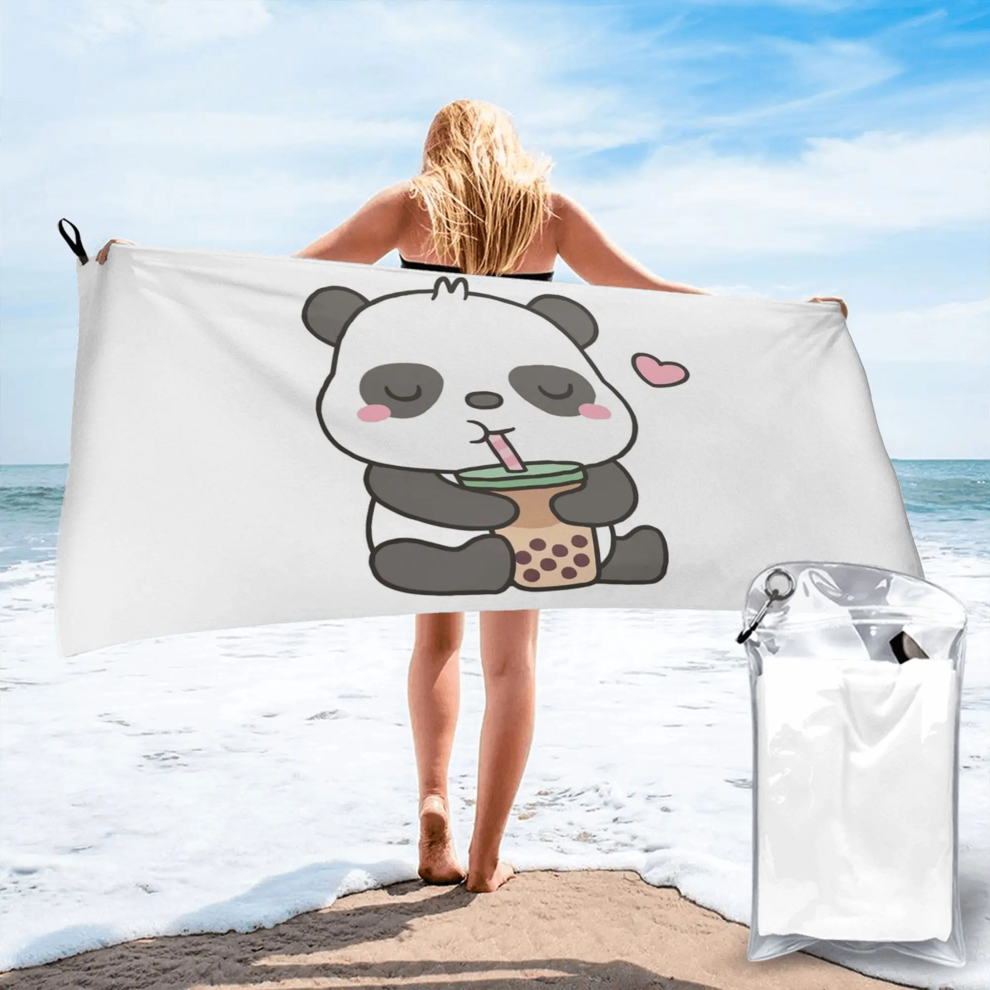 Cute Little Panda Enjoying Boba T Beach Towel Soft Microfiber Quick Dry Absorbent Quick Towels For Yoga
