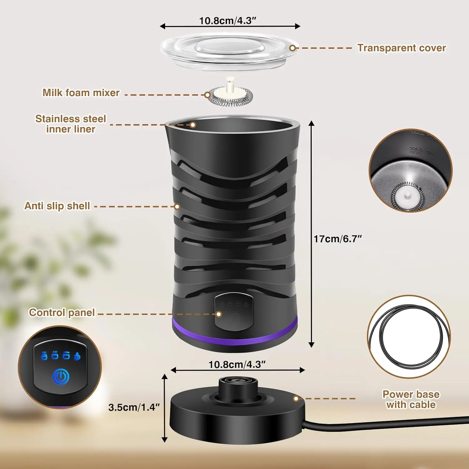Espumador de leche Espumador de leche eléctrico 4 en 1 con 4 modos Espumador de leche eléctrico para capuchino, café con leche, moca, macchiato, chocolate caliente