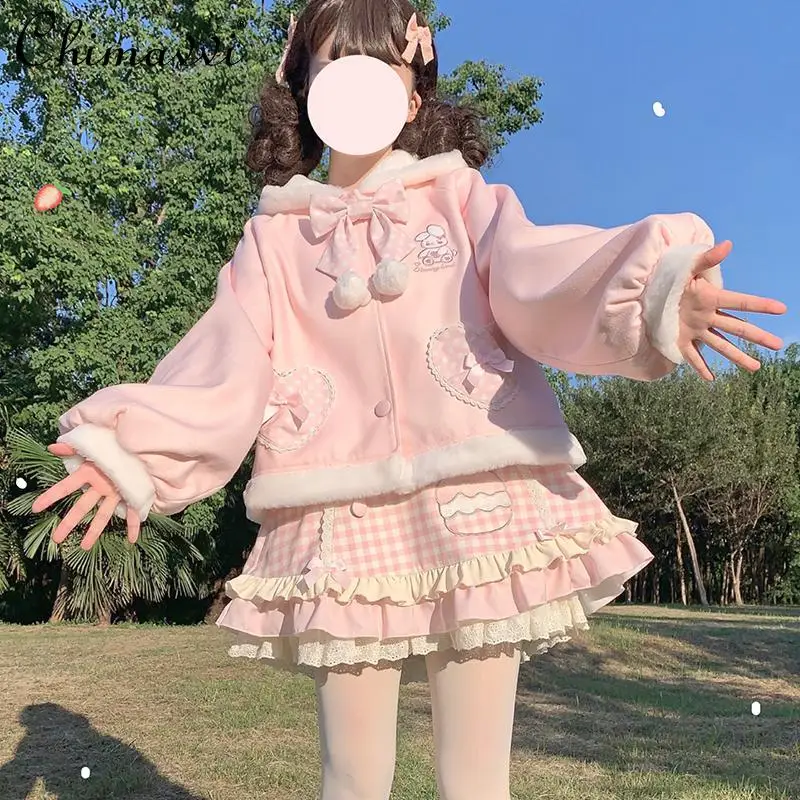 

Cute Girls Rabbit Ear Lolita Woolen Coat New Autumn and Winter Kawaii Fur Ball Bow Cotton Hooded Short Jacket Student Y2k Tops