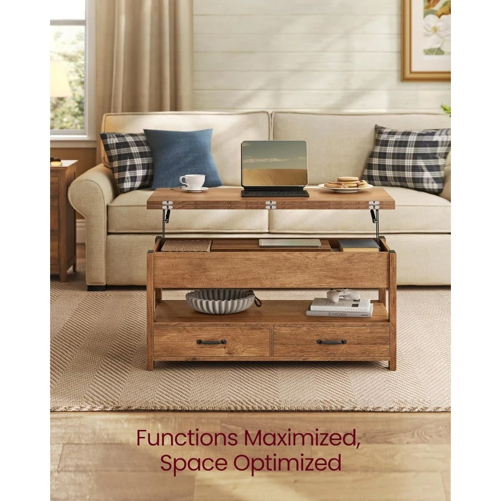 Mesa de Centro Elevable, 3 en 1, con Almacenamiento, Resorte de Gas, 2 Cajones y 3 Compartimentos Ocultos, Personalizable