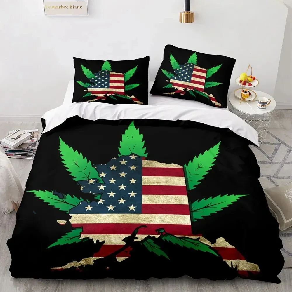 Marijuana Weed Leaf King Queen Duvet Cover Green Maple Leaves Bedding Set for Adults Palm Leaves Polyester Quilt Cover