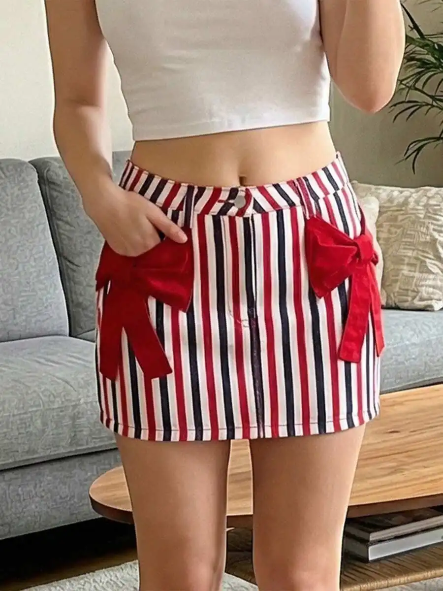 

Women Denim Mini Skirt Striped Print With Large Bow Decor Casual Summer Bodycon
