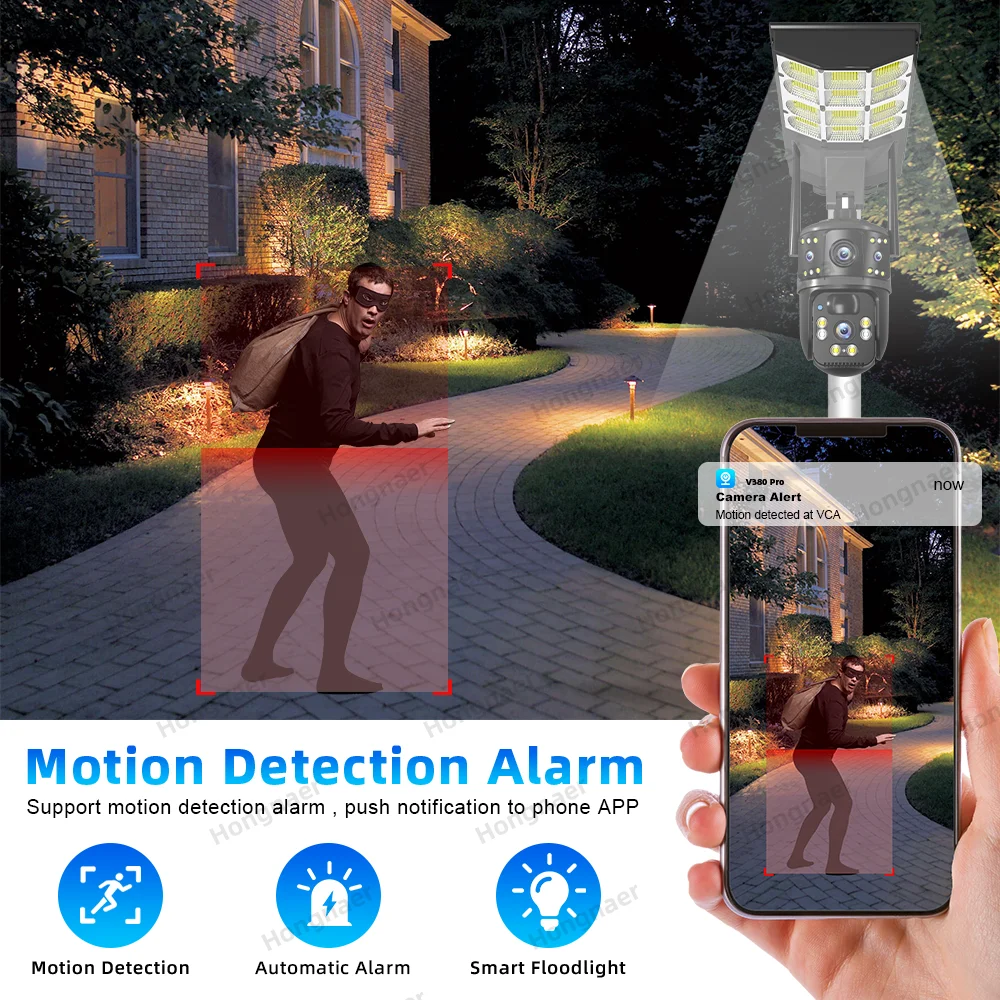 Hongnaer 8MP 4K الشمسية اللاسلكية للرؤية الليلية الذكية واي فاي في الهواء الطلق CCTV عدسة مزدوجة 4G بطاقة Sim الأمن كاميرا ضوء الشارع الشمسية