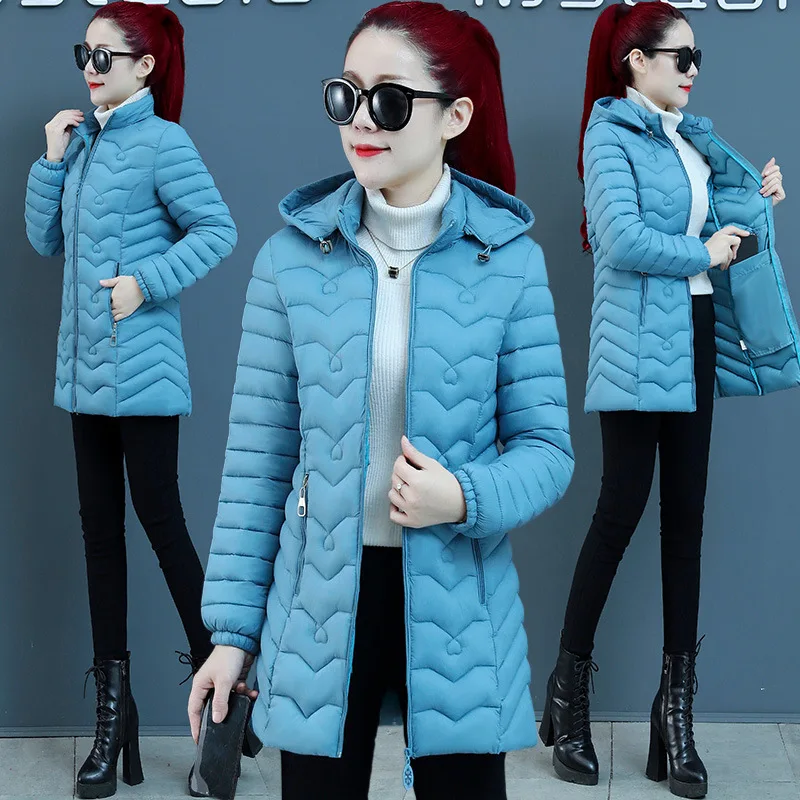 Winter Down Cotton Jacket Casual Slim Mid-length Styles Coat Long Sleeve Stand Collar Detachable Hooded Design Zipper Women Coat