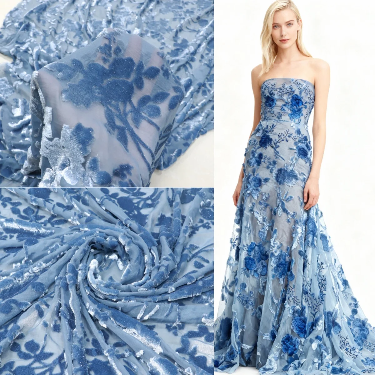 青と黒の半光沢のあるベルベットの花飾り糸生地縫製ナイトガウンチャイナドレスデザイナーdiy生地