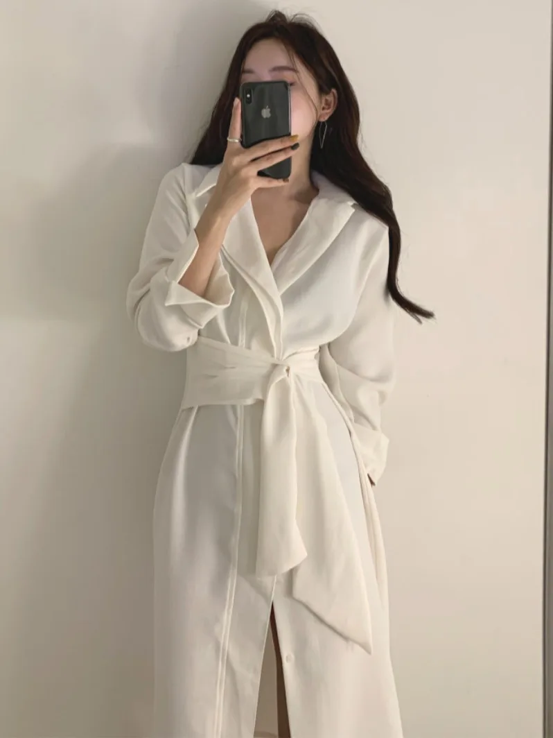 

Chic Slimming Long Sve irt Dr Belted Waist Midi Length Single Button Stand Collar Ele Office Wear Summer New Arrival
