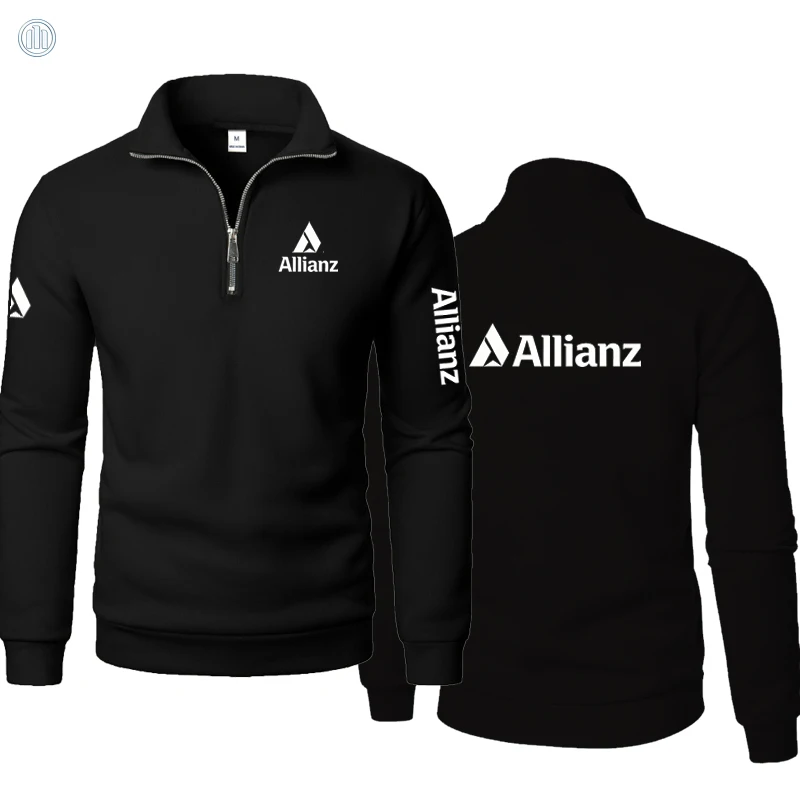 Allianz logo men's quarter-length open-neck long-sleeved fitted lightweight crew-neck pullover casual hoodie semi-collared style