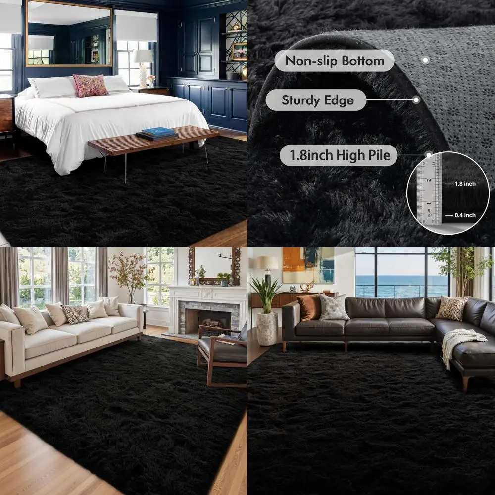 

Luxurious Black Shag Rug, 6x9 Ft, Plush and Soft for Living Spaces, Ideal for Bedrooms and Kids' Rooms, Stylish Floor Decor