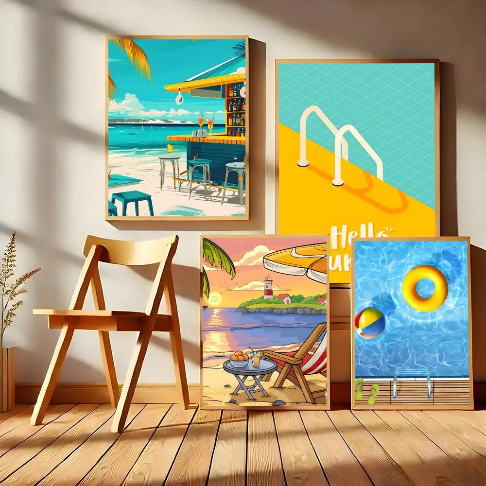 Summer Swimming Pool Themed Colorful Poster Neutral Even Coating Easy Peel Application Detailed Artwork Flat Appearance