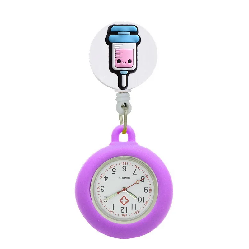 YiJia Reloj de bolsillo de enfermera de cuarzo encantador, carrete de insignia retráctil, Reloj de tema médico de dibujos animados con funda de silicona para