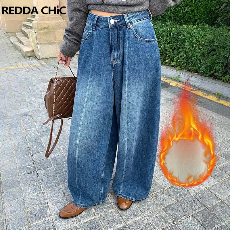 ReddaChic Women Fleece Lined Boyfriend Jeans Versatile Thermal Plain High Waist Carrot Fit Baggy Denim Pants Winter Streetwear