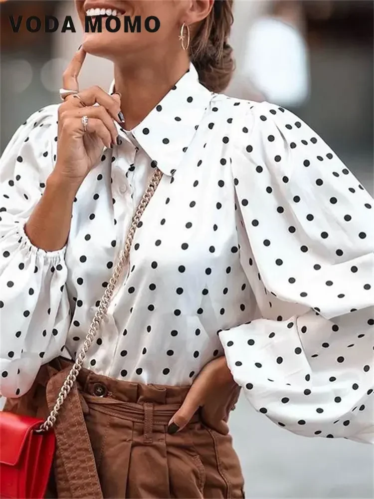 Spring Summer Korean Retro Fashion Polka Dot Blouses Button Loose Long Lantern Sleeve Lapel Tops Women Elegant Streetwear Tops