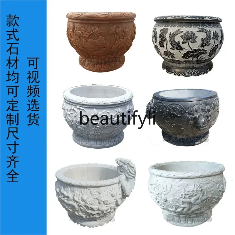 AWhite marble stone carving fish tank stone basin natural blue stone large water tank H