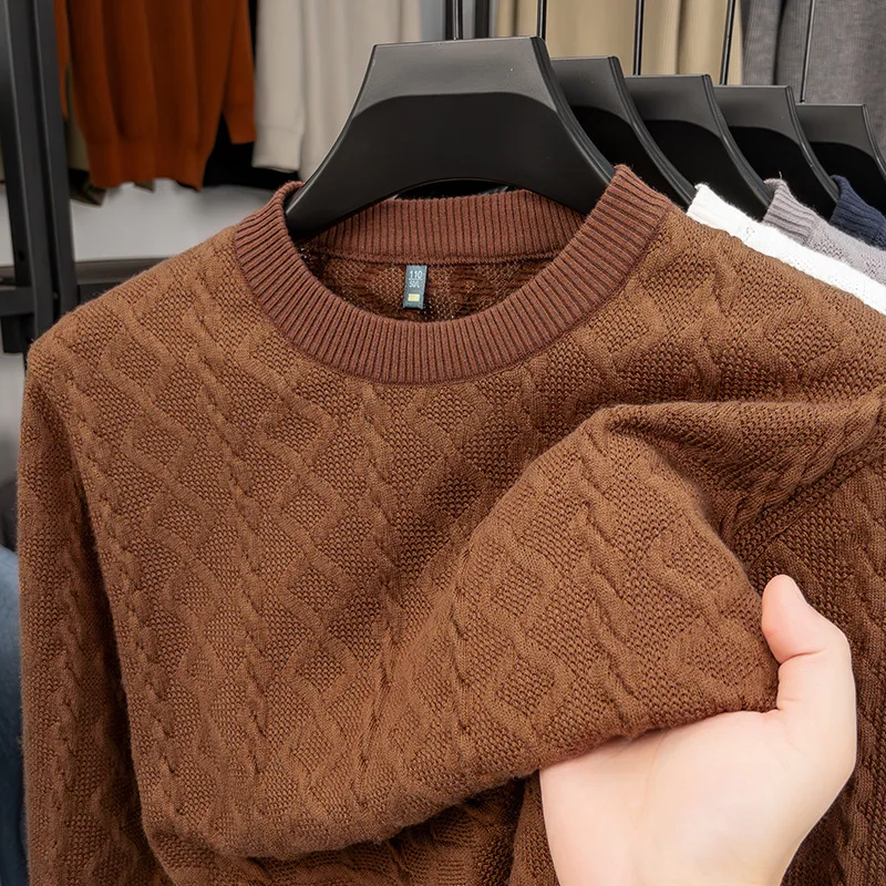 

Autumn and Winter Men's Long-sleeved Jacquard Knitted Sweater Fashionable Versatile Casual Base Solid Color Crew Neck T-shirt