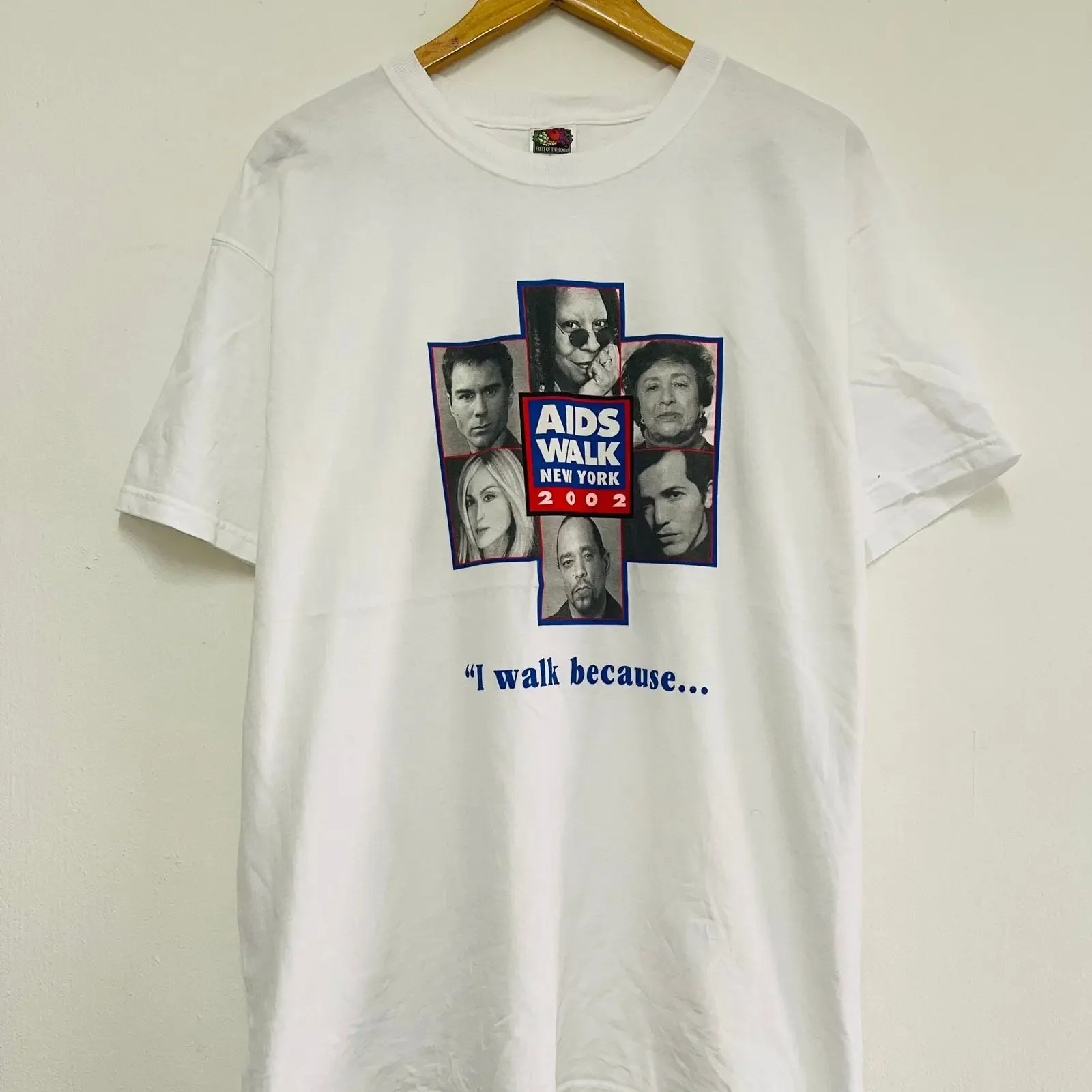 T-shirt vintage Y2K AIDS Walk New York 2002 Madonna Ice T Whoopi Goldberg Charity, blanc, taille XL, streetwear, graphique délavé