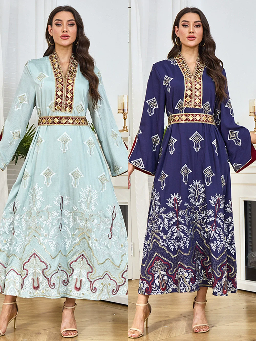 Abito da donna musulmano di lusso a maniche lunghe con scollo a V patchwork arabo mediorientale da donna, abito primaverile con nuove perle, gonna lunga abaya