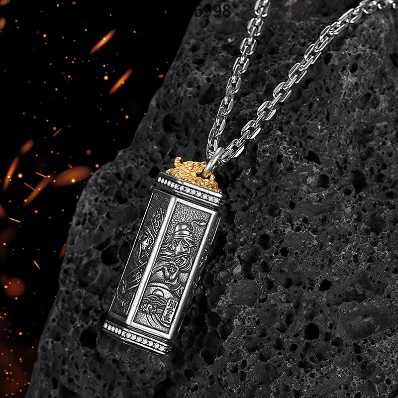 S925 Sterling Silver Five-way God of Wealth Pendant Male Retro Domineering Handmade Carved Guochao Silver Necklace Pendant