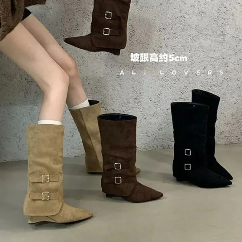 Women's Mid-calf Wedge Boots Shoes Spring and Autumn Women's Knee-Length Western Cowboy Boots Women's Footwear 5cm