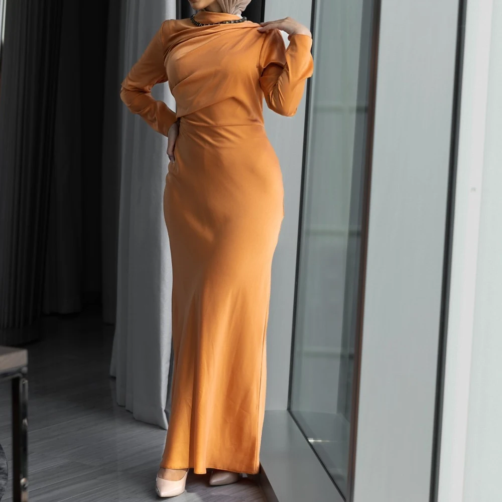 

Elegant Party Evening Dress WomanHigh Collar Long Sleeves Jersey Ankle Length Pleats Solid Color Dresses For Formal Occasions